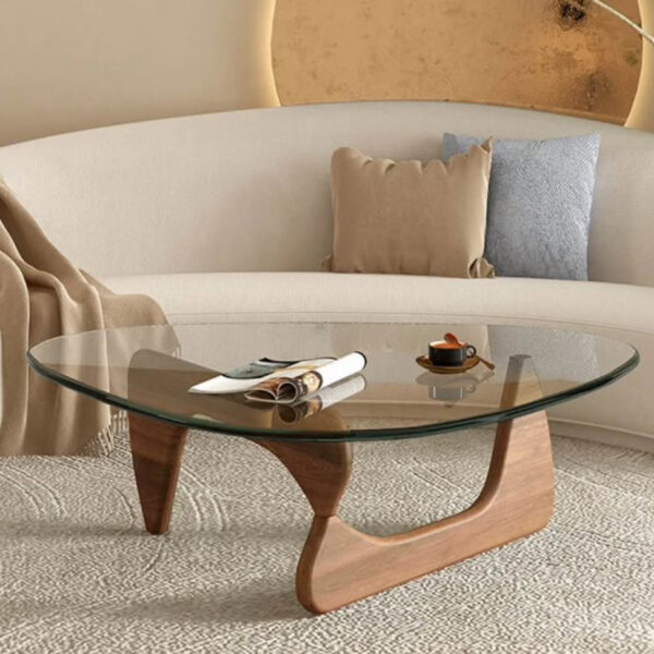 Triangle Coffee Table Mid Century Modern Glass with Solid Wood 35.8"