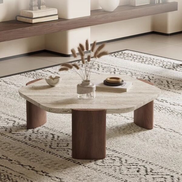 Travertine coffee Table with walnut solid wood 28"