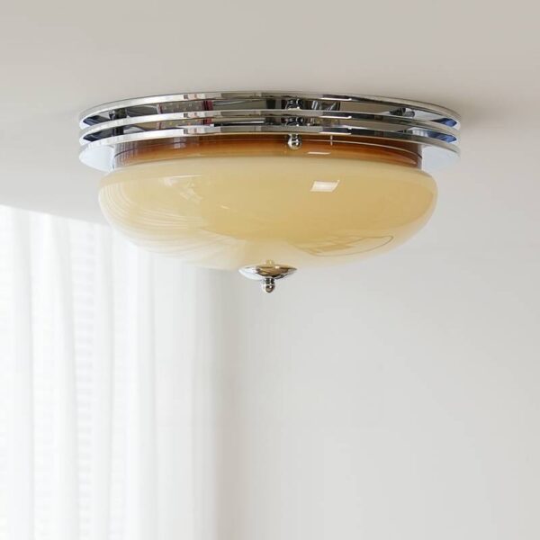 Traditional Vintage Iron Glass Custard Tart Round Semi-Flush Mount Ceiling Light For Hallway