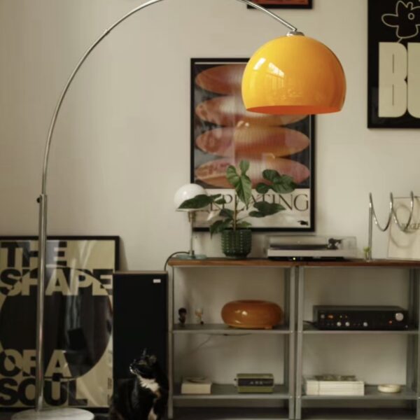 Modern Adjustable Arc Floor Lamp with Sunset Orange Acrylic Shade & Marble Base